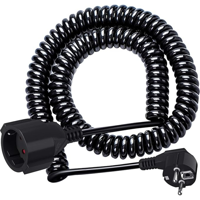 Schuko Extension Cable, Protective Contact Spiral Cable, Stretchable from 1.25 m to 8 m Max, IP20 Extension Cable (230 V/16 A), Spiral Cable 3 x 1.0 mm² with Schuko Plug and Coupling, Black
