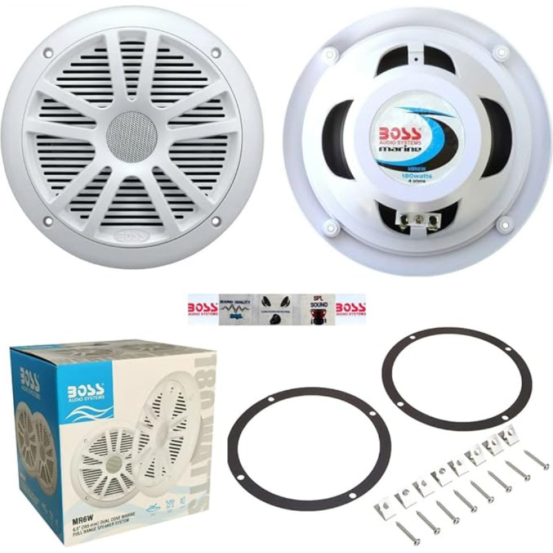 BOSS Audio Systems MR6W 2 Marine Speakers Kit 6.5 Inch 90 Watt RMS, 180 Watt Max Waterproof White (Set 2) Premium Quality for Boats + Stickers and Accessories