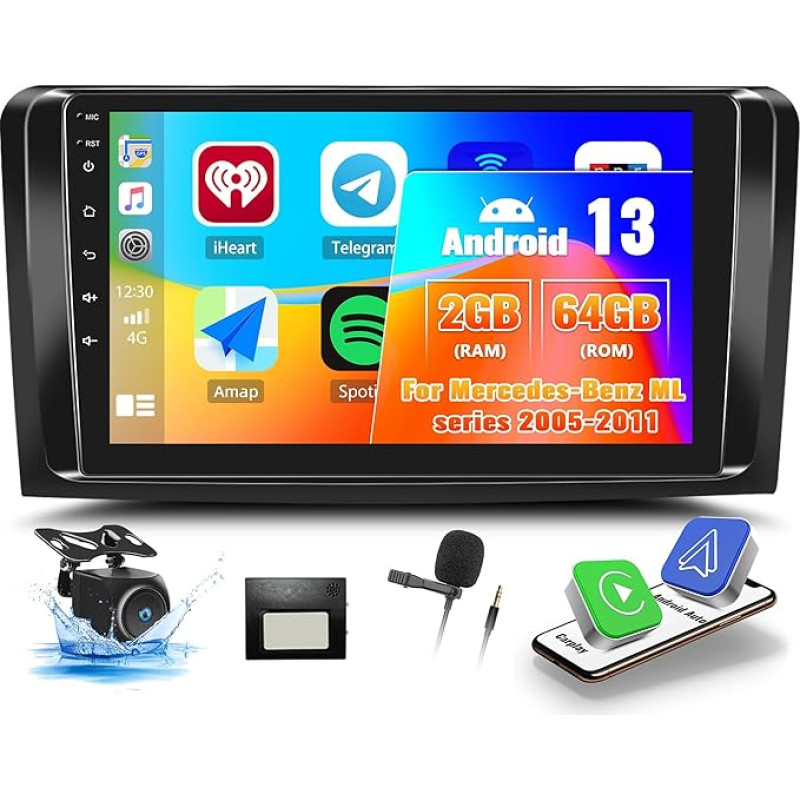 OiLiehu 2G + 64G Android 13 Double DIN Radio for Mercedes Benz ML GL W164 ML350 ML500 GL320 X164 ML280 Carplay Android Car Radio with Screen 9 Inch with Bluetooth/FM RDS/WiFi/GPS + Rear View Camera