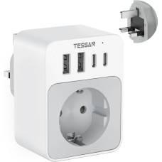 TESSAN kelioninis adapteris UK, 5 in 1 kelioninis G tipo adapteris su 2 USB C ir 2 USB A, 3250W adapteris Anglija Vokietija kištukas, 20W USB C greitasis įkrovimas telefonui, adapteris Jungtinei Karalystei, Airijai, Škotijai