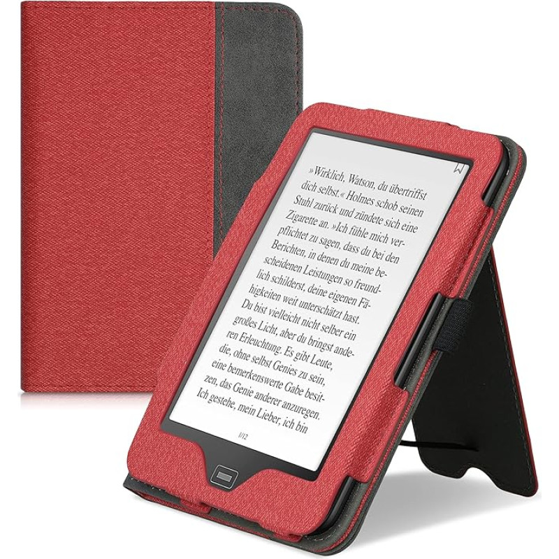 kwmobile Case Compatible with Tolino Vision 1/2 / 3/4 HD Case - Flip Case with Hand Strap - Faux Leather Cover - Red Dark Grey