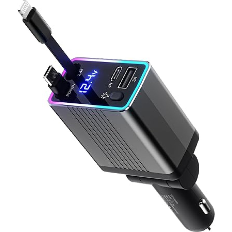 massway Cigarette Lighter USB C 120 W Car Charger, 4 in 1 Retractable Car Charger Mobile Phone Quick Charger Car Charger Compatible with iPhone 16/15/14/13/Samsung S24/S23/Google Pixel9/8 (Grey)