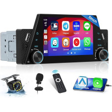 Inefala Radio 1 DIN CarPlay with 5 Inch Touch Screen, Car Radio Bluetooth with Android Car, Mirror Link for Android/iOS, FM Radio, USB, SWC, Microphone, Reversing Camera, Remote Control