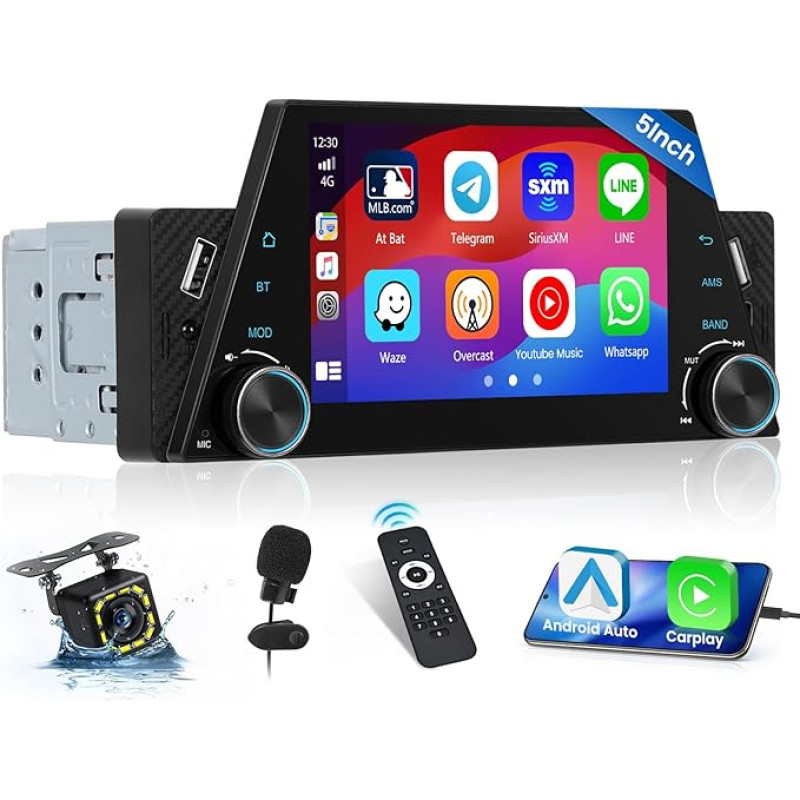 Inefala Radio 1 DIN CarPlay with 5 Inch Touch Screen, Car Radio Bluetooth with Android Car, Mirror Link for Android/iOS, FM Radio, USB, SWC, Microphone, Reversing Camera, Remote Control