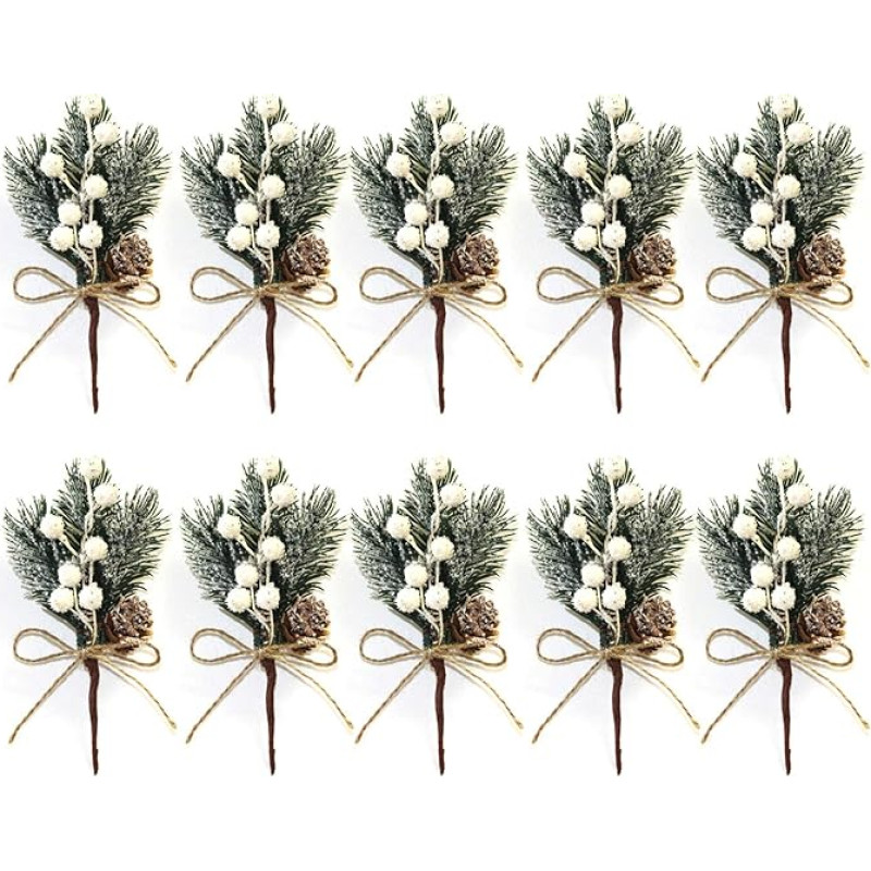 10 baltų kalėdinių uogų stiebų pakuotė 15 cm mažos dirbtinės pušų spygliukai ir purslai Kalėdų uogos su pušų spurgomis Holly uogų Kalėdų gėlės Kalėdų vainikų dekoras