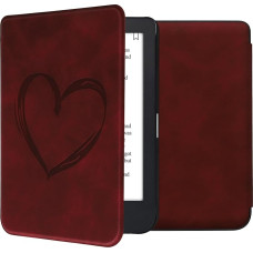 kwmobile Case Compatible with Kobo Clara 2E / Tolino Shine 4 Case - Faux Leather Cover - Heart Brush Dark Red