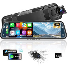 Alpinetech Reversing Camera Mirror with Wireless CarPlay Android Car, 9.66 Inch 2.5K Dashcam Mirror with Parking Aid Loop Recording Bluetooth AUX Mirror Link 64G SD Card HD Touch Screen Black