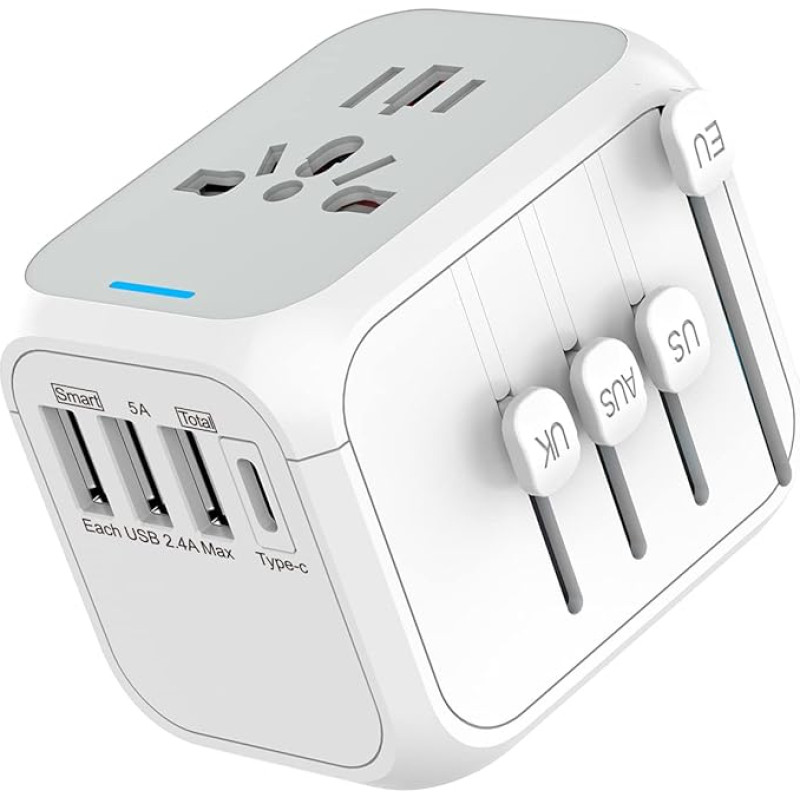 Travel Adapter Worldwide, Universal Socket Adapter International with Indicator Light Worldwide Supports 3 USB and 1 Type-C Travel Plug Adapter for Travel and Connection for EU UK AUS Asia White