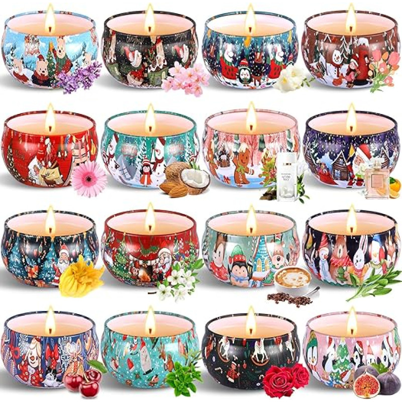 Kvapiųjų žvakių dovanų rinkinys, dovanų Kalėdų žvakė, 16 vienetų, 2,5 oz 100 % natūralaus sojų vaško aromaterapinės žvakės Kalėdoms, vonios kambariui, aromaterapijai, streso mažinimui ir kūno atpalaidavimui, nešiojamos
