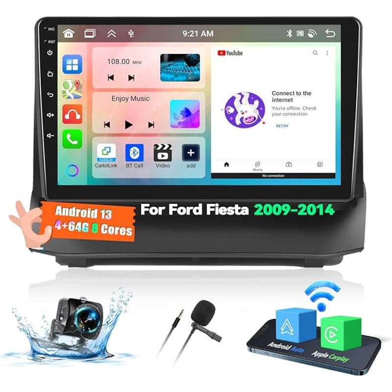 OiLiehu 4+64G 8 Core Android 13 Double DIN Radio Carplay Android automobilinis radijas su 9 colių ekranu, skirtas Ford Fiesta 2009-2014 Palaiko Bluetooth GPS FM RDS WiFi DSP/EQ + atbulinės eigos kamera