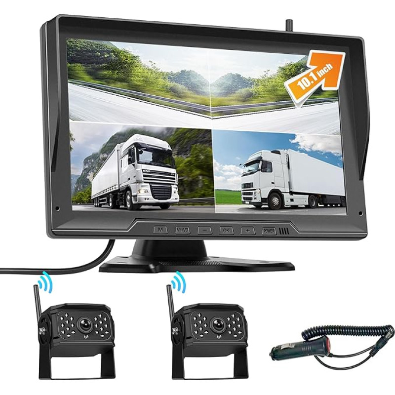 CAMECHO DVR belaidis atbulinės eigos kamerų rinkinys su 10 colių IPS monitoriumi + 2 naktinio matymo vandeniui atsparios atbulinės eigos kameros, palaikančios kilpinį įrašymą / dalinį vaizdą / vaizdo atsukimą sunkvežimiams / autobusams / mikroautobusams /