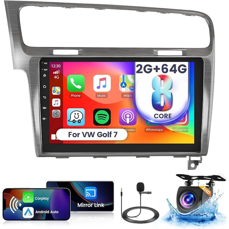 [8Cores 2G + 64G] Hikity Car Radio Sat Nav for VW Golf 7 MK7 2013-2018 Android 13 Touch Display with FM RDS 32EQ 59UI Wireless Carplay Android Car 10.1 Inch Screen GPS WiFi Bluetooth Mic Reversing