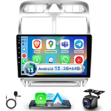 Podofo 2G+64G Radio de coche para Peugeot 307 2002-2013, 9 pulgadas Con pantalla táctil Android 13.0 Radio Con Wireless Carplay Android Car DSP BT GPS Espejo FM RDS USB Cámara de marcha atrás