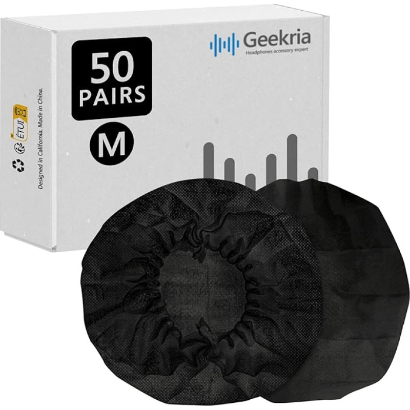 Geekria 50 Pairs Individually Wrapped Disposable Headphone Covers, Stretchy Sanitary Ear Pads, Hygienic Ear Pad Protector for Medium Ear Cups (Medium, Black)