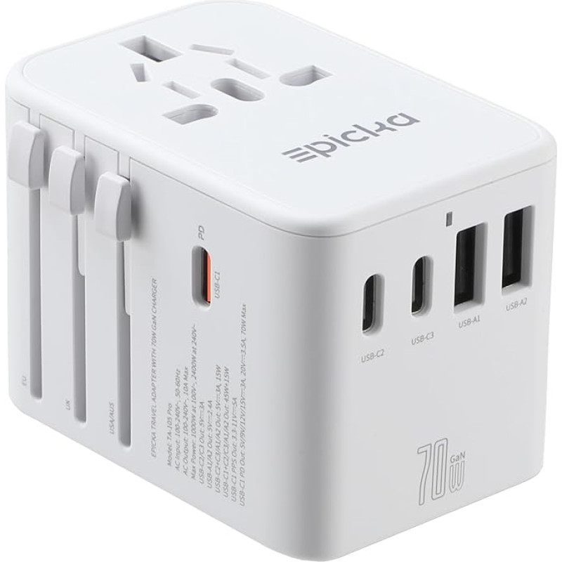 EPICKA Travel Adapter Worldwide, GaN Universal Travel Plug 70W PD Fast Charger, Travel Adapter with 3 USB-C, 2 USB-A, International Socket Adapter for DE USA UK Japan Thailand White