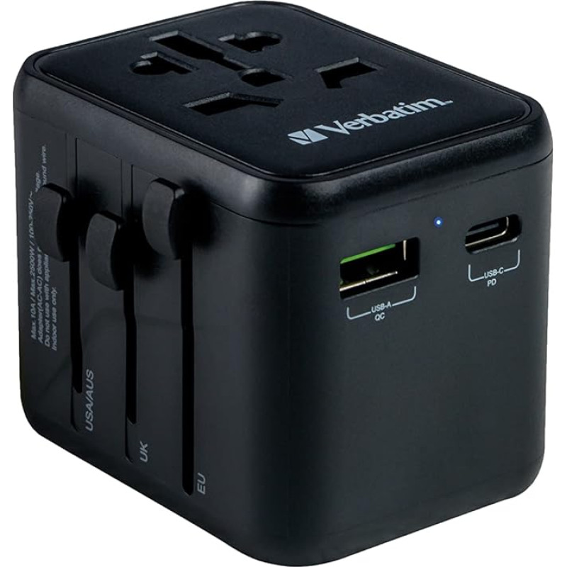 Verbatim Universal Travel Adapter UTA‑02, Socket Adapter with USB‑A and USB-C Port, Fast Charger for Laptop, Mobile Phone, Camera etc. Travel Plug Worldwide, 100 - 250 V