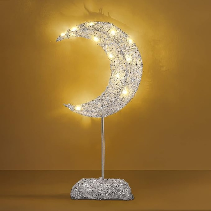 Lewondr Table Lamp, LED Bedside Lamp, Battery Operated Christmas Decoration, Moon Shape Desk Lamp, Ramadan Table Decoration, Warm White Christmas Lighting for Christmas, New Year, Wedding, Home,