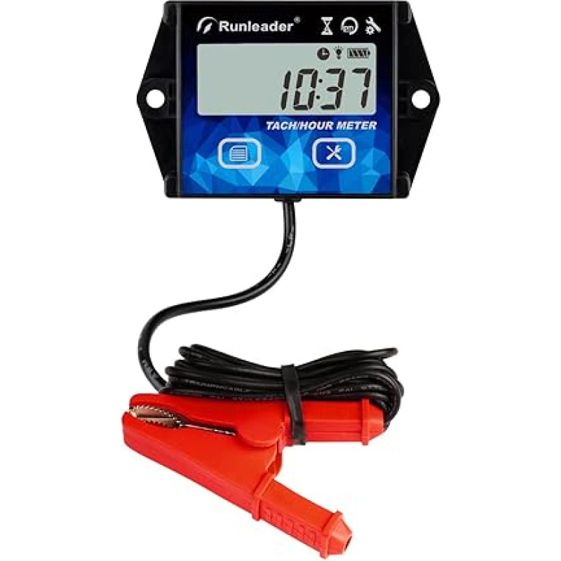 Runleader Digital LCD Hour Tachometer with Alligator Clip, Backlight Indicator, Battery Replaceable for Garden Tractor Generator, Compressor, Motorcycle ATV Outboard Motor