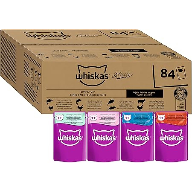 Whiskas Adult 1+ Katzennassfutter Tasty Duo Surf & Turf in Gelee, 84 Portionsbeutel, 84x85g (1 didžioji pakuotė) - Hochwertiges Katzenfutter nass, für ausgewachsene Katzen