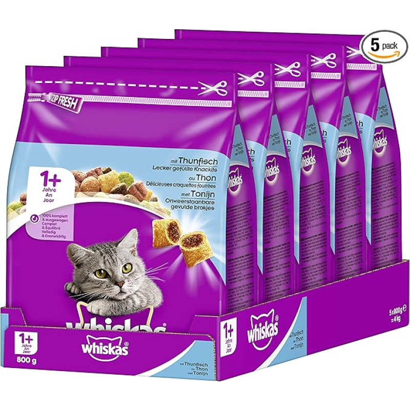 Whiskas Cat Food Dry Food Adult 1+ with Tuna 5 Bags (5 x 800 g)