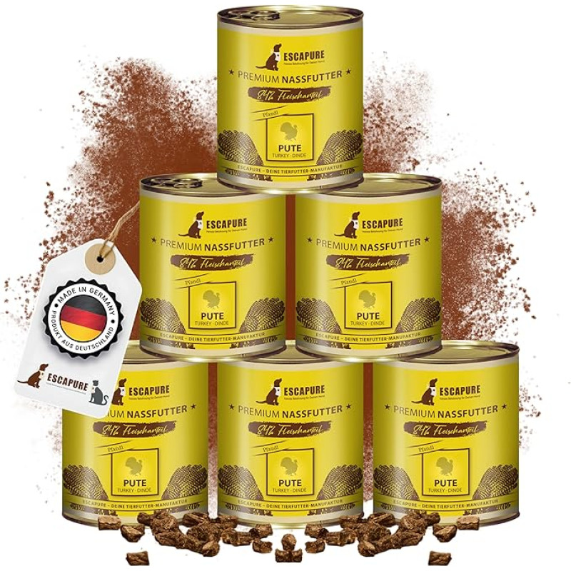 Escapure Adult Wet Food Turkey 6 x 800 g konservų skardinė - 100% grynas kalakutienos ėdalas šunims - konservai su kalakutiena be priedų - papildomas ėdalas suaugusiems šunims be grūdų