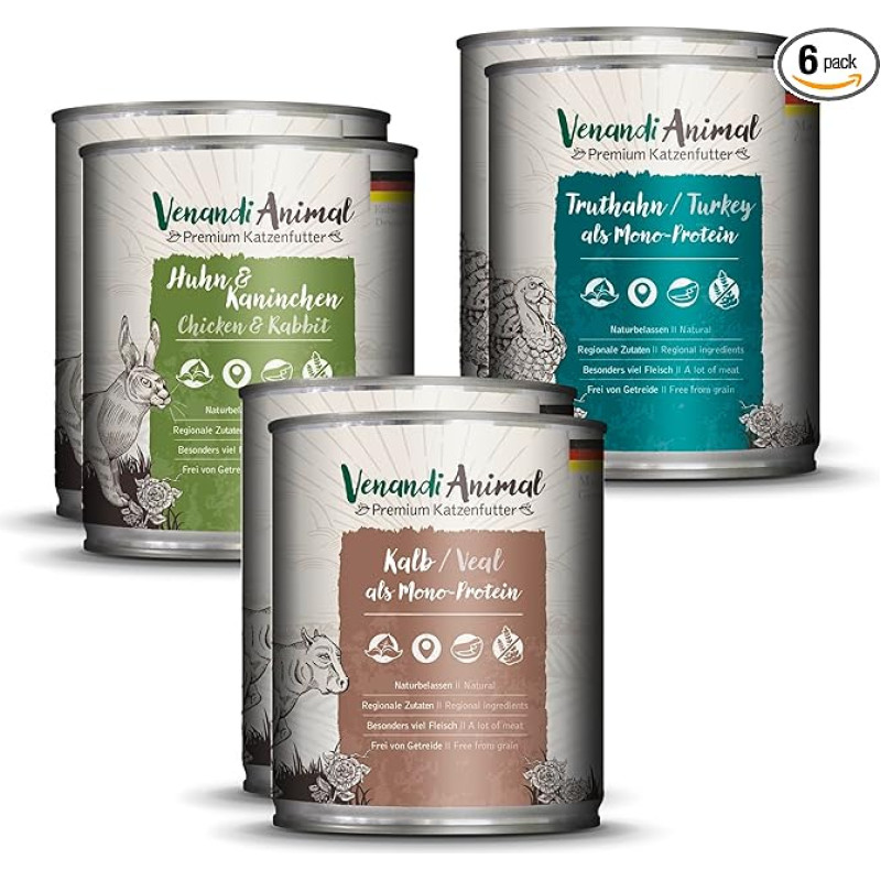 Venandi Animal - Premium drėgnas ėdalas katėms - bandomoji II pakuotė (arkliena, veršiena, kalakutiena) su monoproteinais, 6 vnt. (6 x 800 g), be grūdų, su monoproteinais