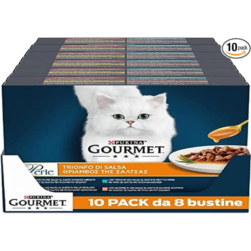 Purina Gourmet Beads Triumph of Wet Sauce Cat su jautiena, vištiena, lašiša ir tunu, 80 maišelių po 85 g