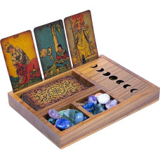 Curawood Tarot Card Holder Box for Immersive Readings - 3 Tarot Card Stand & Crystal Holder - Moon Phase Design Tarot Display Deck Holder & Crystal Tray - Witchcraft Decor - Wiccan Altar Supplies