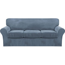 4 sofų užvalkalų pakuotė, aksominiai sofos užvalkalai 3 pagalvėlėms, sofa, tempiamasis sofos apsauginis užvalkalas su atskirais sėdynių pagalvėlių užvalkalais, elastinga baldų apsauga naminiams gyvūnams, skalbiama skalbimo mašinoje (sofa, akmens mėlyna)