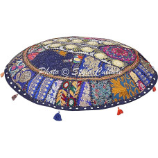 Stylo Culture Ethnic Decorative Round Floor Cushion Cover Boho 100 x 100 cm Large Bean Bag Cushion Vintage Dark Blue Bohemian Patchwork Living Room Cotton Embroidered Floor Cushion for Balcony