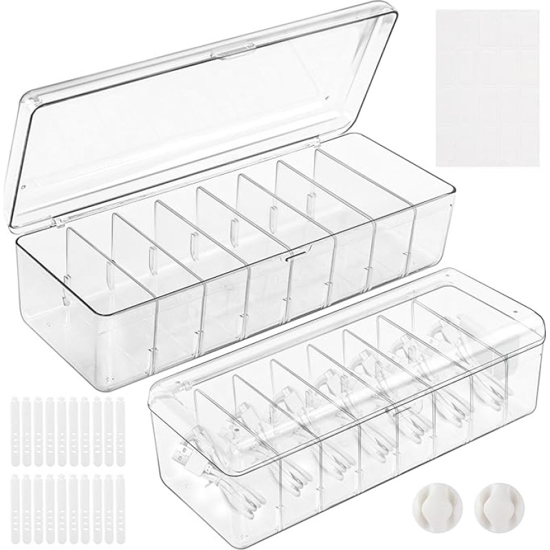 ARVOK 2 pakuočių kabelių laikymo dėžutė su dangčiu, kabelių organizatoriaus dėžutė su 8 reguliuojamais skyriais, susipainiojusių kabelių sprendimas įkrovimo laidams, smulkių reikmenų organizatorius