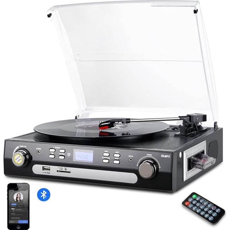 Digitnow! Record Player with Stereo Speakers, Supports Bluetooth, Cassette AM/FM Radio, Vinyl to MP3 USB Coding, 33/45/78 RPM, Aux in