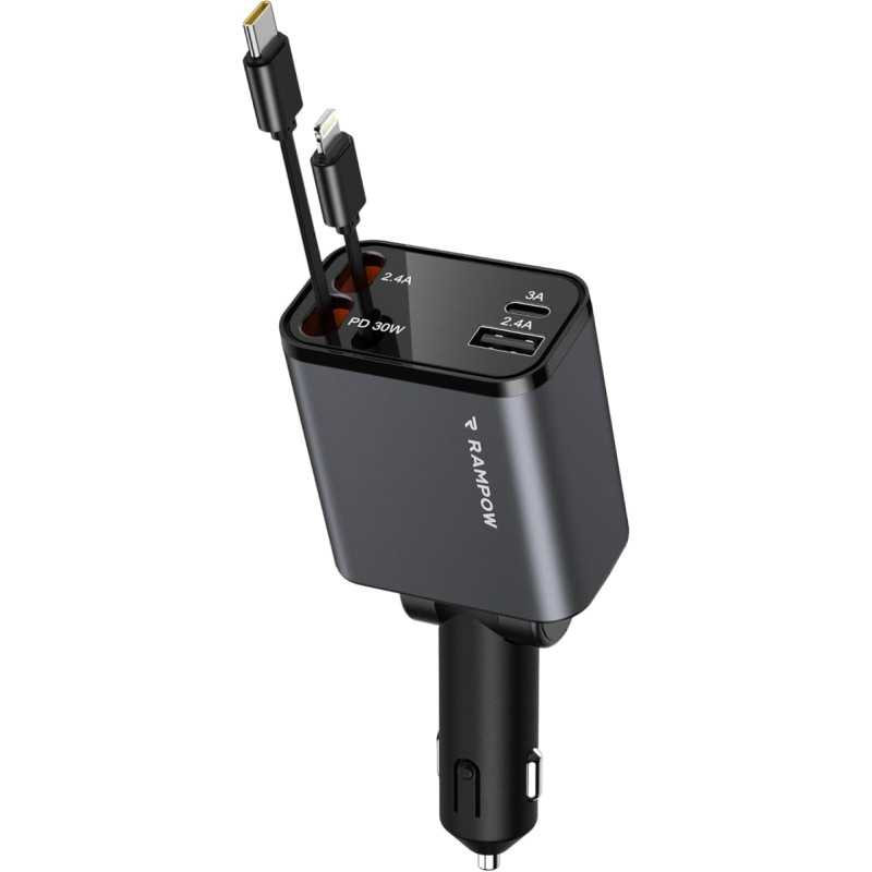 RAMPOW Cigarečių žiebtuvėlis USB C, automobilių aksesuarai 65 W automobilinis įkroviklis, 4-in-1 ištraukiamas automobilinis įkroviklis su cigarečių žiebtuvėliu, greitasis įkroviklis su 