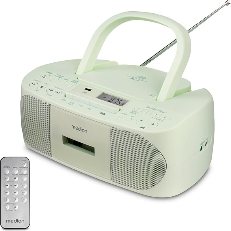 MEDION E65010 Stereofoninis radijo imtuvas CD grotuvas Kasetės USB prievadas AUX garso įvestis MP3 atkūrimas FM PLL radijas 40 stočių atmintis Baterija valdomas nuotolinio valdymo pultas Žalias