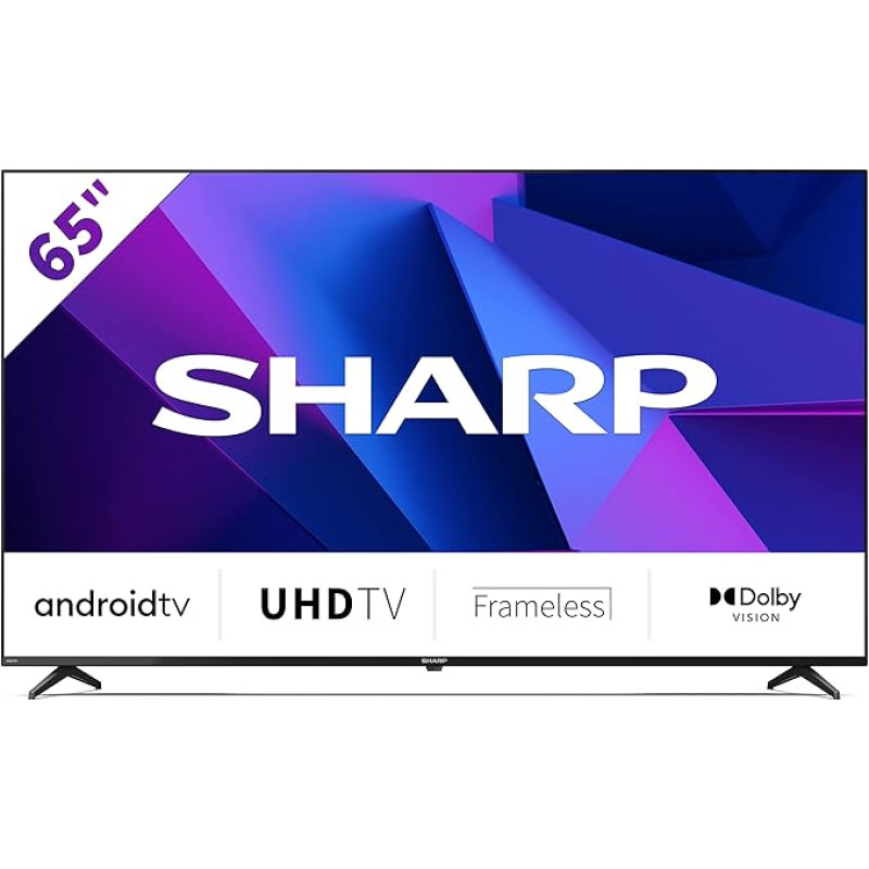 SHARP 65FN6E Android Frameless TV 164 cm (65 Inch) TV, 4K Ultra HD LED, Google Assistant, Amazon Video, Dolby Vision, HDR10, HLG, Bluetooth, Black