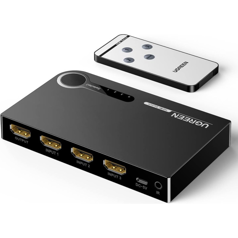 UGREEN HDMI Switch HD Verteiler 3D 4K HDMI Umschalter manuelle IR Fernbedienung Umschaltung 3 IN 1 OUT für TV Stick, DVD, HDTV, PS4 usw. Schwarz