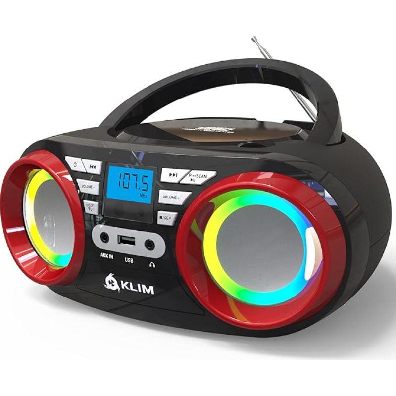 KLIM B3 Portable CD Player - FM Radio, CD, MP3, Bluetooth, AUX, USB, RGB LED - CD Boombox - Rechargeable Battery - Improved CD Laser Lens - Digital EQ