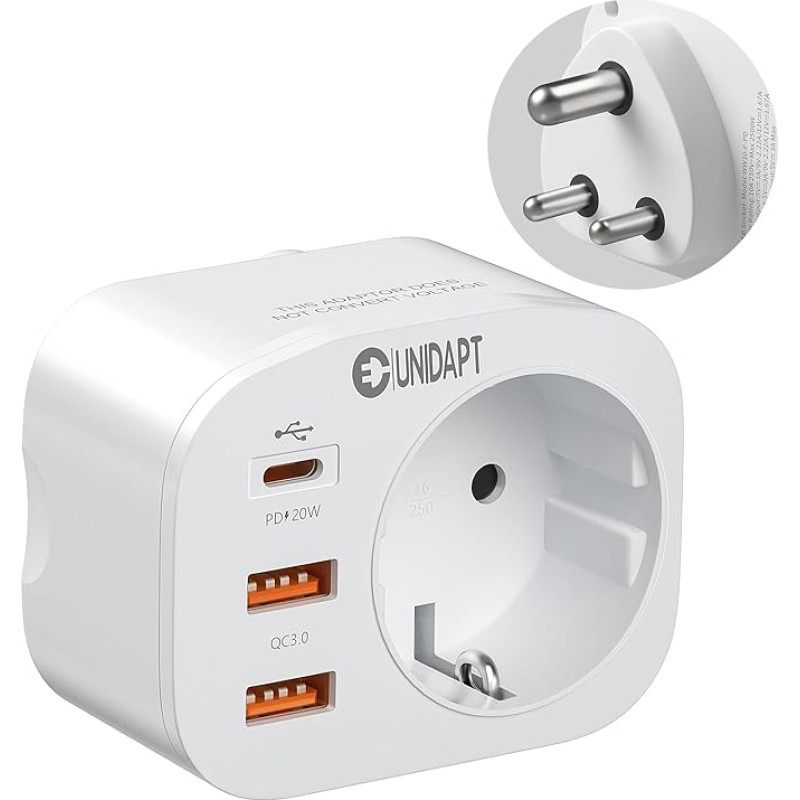 Unidapt 4 in 1 kelioninis adapteris Indijai su 3 USB, adapteris Indijai, kelioninis adapteris Indijai, D tipo kelioninis kištukas, adapteris Šri Lankai, Indijai, Nepalui, kelioninis kištukas Indijai, maitinimo adapteris