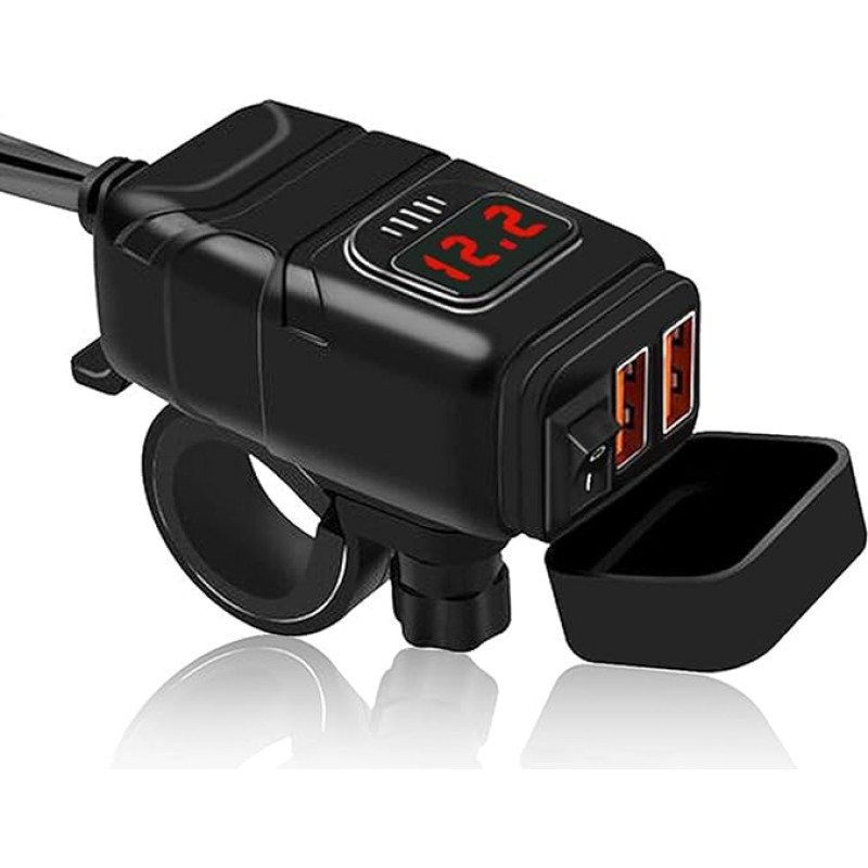 RUIZHI USB lizdas 12V automobilinis įkroviklis, dvigubas USB įkroviklis motociklui QC3.0 su vandeniui atspariu voltmetru ir apsauga nuo įkrovimo, skirtas automobiliui / motociklui / visureigiui / laivui DC12V