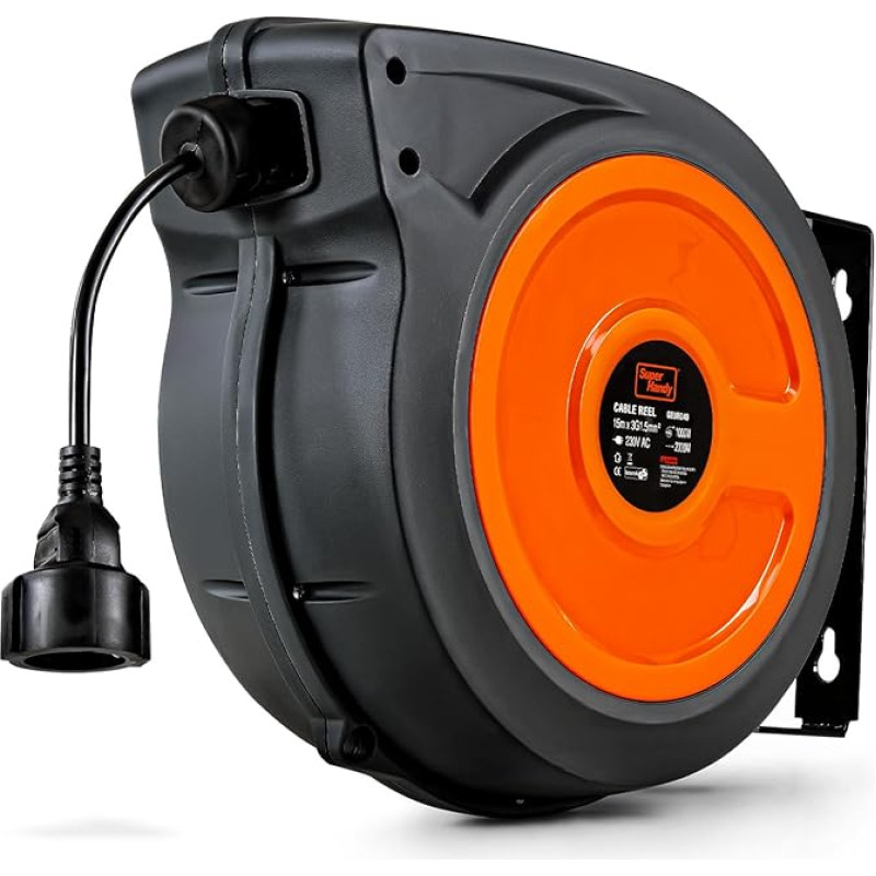 SuperHandy Cable Reel 1.5 mm² × 15 m Industrial Polypropylene Cable Reel for Outdoor Use Very Robust 230 V Automatic Cable Reel Wound 1000 W Unwound 2000 W