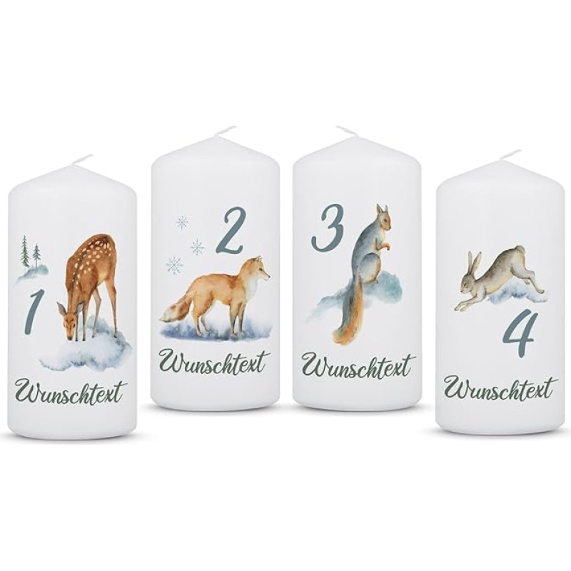 GRAVURZEILE Spausdintos kalėdinės žvakės - žiemos gyvūnai, akvarelė - 4 mažos advento žvakės, skirtos advento vainikui - Kalėdų dekoracija - dovana jam ir jai - 120/58 mm žvakė