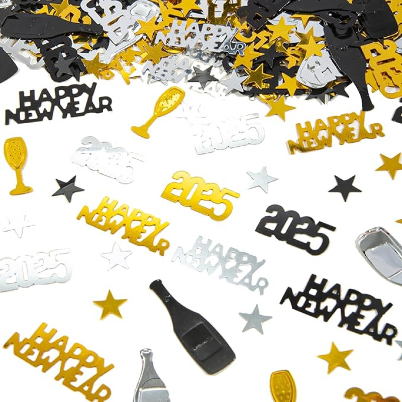 2025 New Year Decorations Confetti - 30G Black Gold Silver 2025 New Year's Eve Party Decorations Table Confetti Happy New Year Confetti Table Decorations for Party Supplies Photography Props