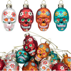 12 vienetų mirusiųjų dienos stiklo kabantys ornamentai - Diameter de Los Muertos cukraus kaukolės ornamentai - Helovino kabanti skeleto galva, skirta vakarėlių Helovino Kalėdų eglutės dekoracijoms (12 vienetų stiklainių)