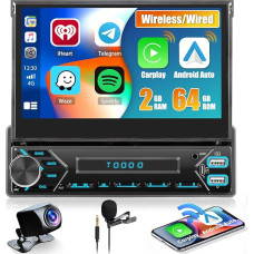 [2+64G] Hikity Android Car Radio 1 DIN with Navigation Wireless Carplay Android Anto, 7 Inch Screen Retractable Touchscreen Car Radio 1 DIN with GPS WiFi Bluetooth FM SWC Reversing Camera