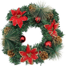 Gėlių reikmenys JK Dirbtinis eglės Kalėdų vainikas dekoruotas 30 cm raudona puansetija