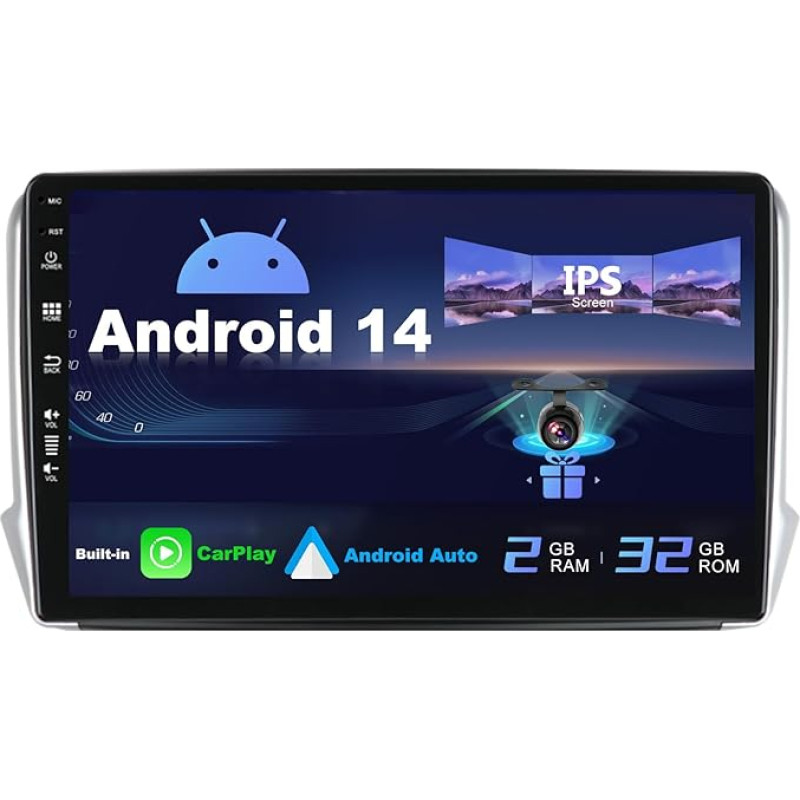 SXAUTO Android 12 IPS automobilinis radijas, tinkamas Peugeot 208/2008 (2012-2018) - Integruotas Carplay/Android Car - Be kameros - [2G + 32G] - Valdymas vairu DAB WiFi Fast Boot BT 4G - 2 DIN 10.1