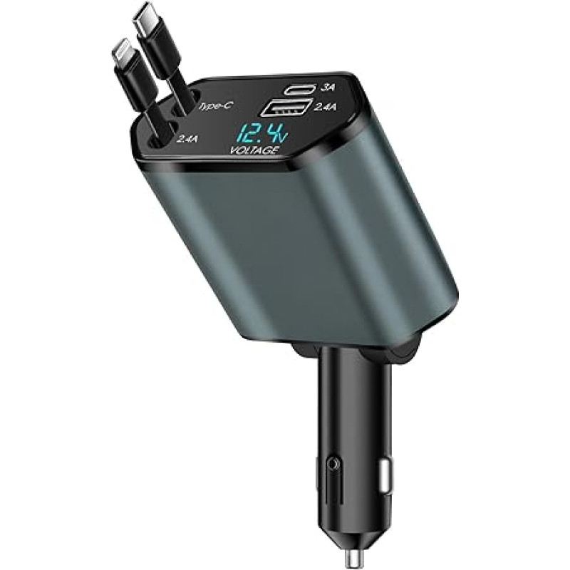 66 W ištraukiamas automobilinis įkroviklis, 12 V automobilinis USB C cigarečių žiebtuvėlis su dvigubu kabeliu 