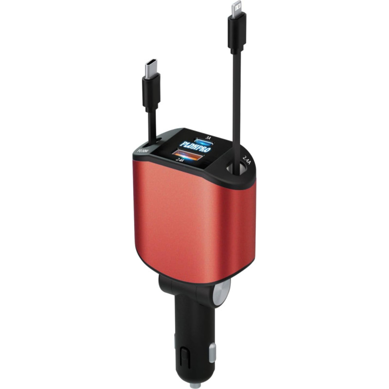 PLDHPRO Red 4 in 1 ištraukiamas automobilinis įkroviklis, 80 W ištraukiamas telefono įkroviklis automobiliui su 0,8 m ištraukiamu USB-C ir 