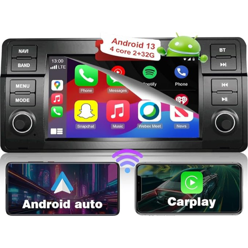 RICBAFEE Automobilinis radijas BMW 3 serijos E46 (1998-2005), 7 colių Android 13 automobilinis radijas su CarPlay Android automobilinė Bluetooth navigacija WiFi FM RDS EQ HiFi AHD atbulinės eigos kamera MirrorLink (2+32GB 4Core)