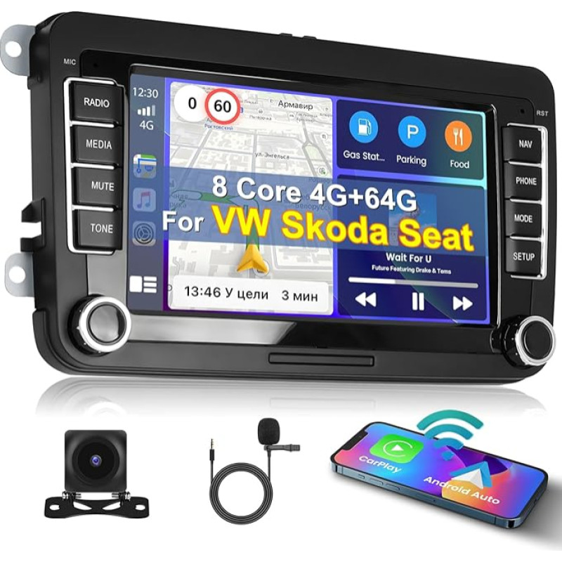 [8 Kern 4G+64G] Inefala Android 13 Autoradio 2 DIN für VW Golf Polo Caddy Tiguan Touran, 7